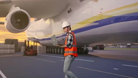 Asian Male Use Computer While Walking with Cargo Aircraft Stock Footage 325867882