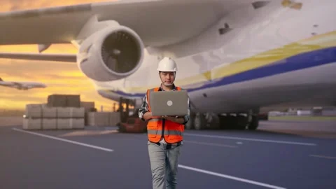 Asian Male Use Computer While Walking with Cargo Aircraft Stock Footage 325868165