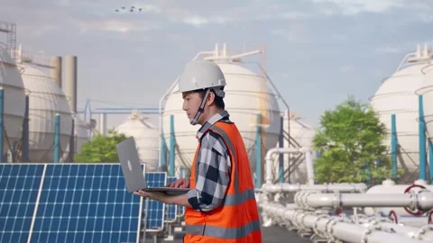Asian Male Use Computer While Walking at Energy Complex Stock Footage 330174327