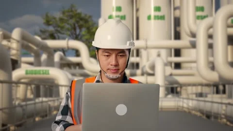 Asian Male Use Computer While Walking at Energy Plant Stock Footage 331636106