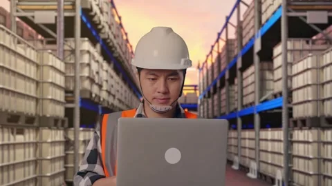 Asian Male Use Computer While Walking at fuel warehouse Stock Footage 332118617