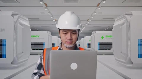 Asian Male Use Computer While Walking at Power Plant Stock Footage 333767260