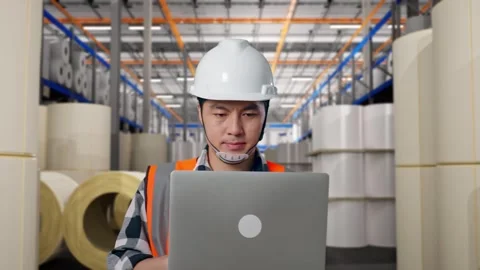 Asian Male Use Computer While Walking at Polymer Plant Stock Footage 333776357
