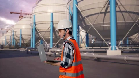 Asian Male Use Computer While Walking with Spherical Tank Stock Footage 334538418