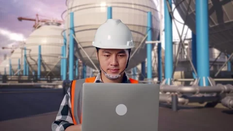 Asian Male Use Computer While Walking with Spherical Tank Stock Footage 334539147