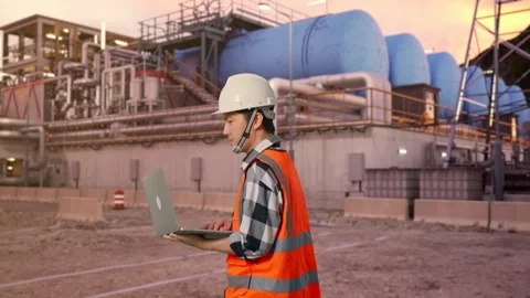 Asian Male Use Computer While Walking at Gas Plant Stock Footage 337756637
