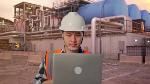 Asian Male Use Computer While Walking at Gas Plant Stock Footage 337757010