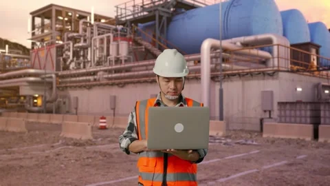 Asian Male Use Computer While Walking at Gas Plant Stock Footage 337757240
