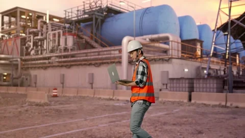 Asian Male Use Computer While Walking at Gas Plant Stock Footage 337757627