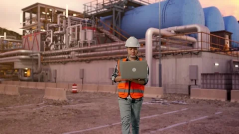 Asian Male Use Computer While Walking at Gas Plant Stock Footage 337757799