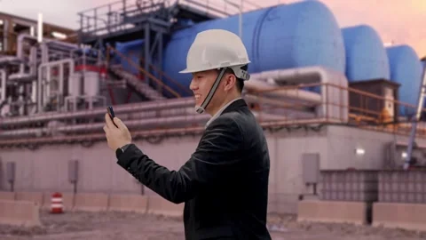 Asian Male Use Computer While Walking at Gas Plant Stock Footage 337759150