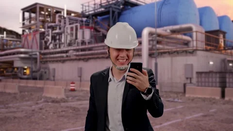 Asian Male Use Computer While Walking at Gas Plant Stock Footage 337759243