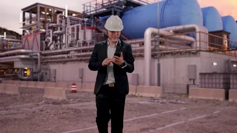 Asian Male Use Computer While Walking at Gas Plant Stock Footage 337759331