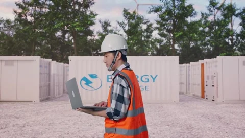 Asian Male Use Computer While Walking with Energy Storage Stock Footage 337808663