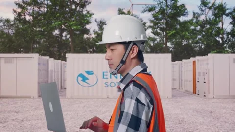 Asian Male Use Computer While Walking with Energy Storage Stock Footage 337808833