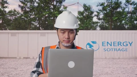 Asian Male Use Computer While Walking with Energy Storage Stock Footage 337809015