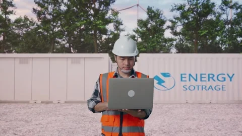Asian Male Use Computer While Walking with Energy Storage Stock Footage 337809169