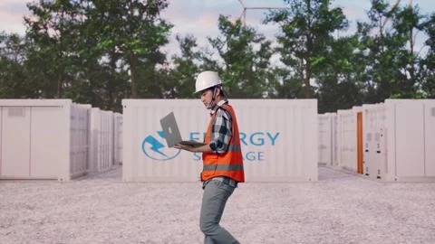 Asian Male Use Computer While Walking with Energy Storage Stock Footage 337809423