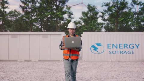 Asian Male Use Computer While Walking with Energy Storage Stock Footage 337809644