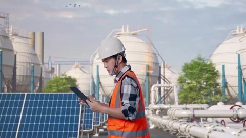 Asian Male Use Tablet While Walking at Energy Complex Stock Footage 330174277