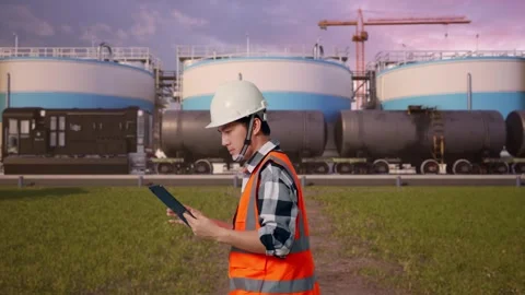 Asian Male Use Tablet While Walking at Oil Refinery Stock Footage 340135454