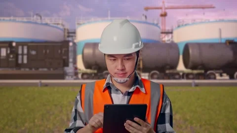 Asian Male Use Tablet While Walking at Oil Refinery Stock Footage 340136314