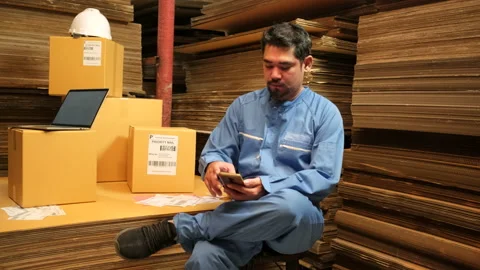 Asian male worker mobile phone chat to check orders at parcels warehouse. Video stock 171197053