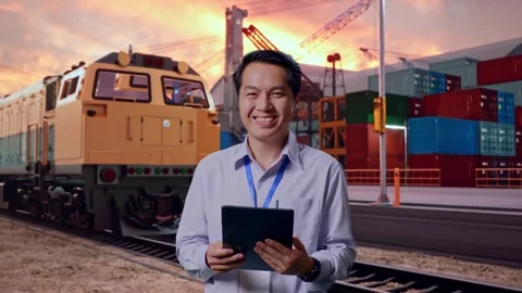 Asian Male Worker Smiling At The Camera With Freight Cargo Train Video stock 298552039