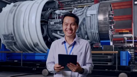 Asian Male Worker Smiling At The Camera With Jet Engine Stock Footage 306608079
