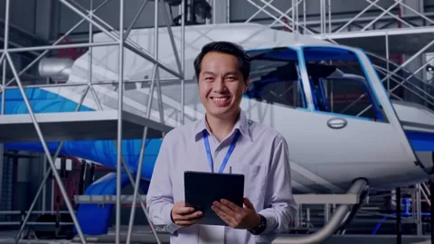 Asian Male Worker Smiling At The Camera and Inspecting Helicopter Stock Footage 312127624