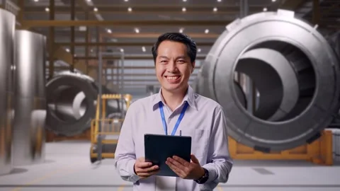 Asian Male Worker Smiling At The Camera at Heavy Factory Stock Footage 340815330