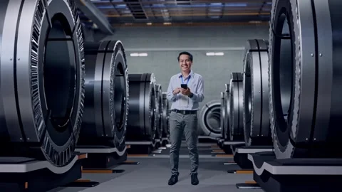 Asian Male Worker Smiling While Use Smartphone In Metal Factory Stock Footage 280055282