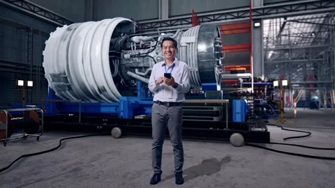 Asian Male Worker Smiling While Use Smartphone With Jet Engine Stock Footage 306608376