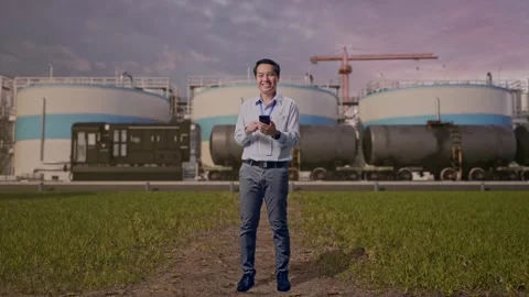 Asian Male Worker Smiling While Use Smartphone at Oil Refinery Stock Footage 340139693