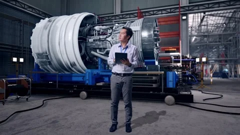 Asian Male Worker Use Tablet And Looking around With Jet Engine Stock Footage 306608318