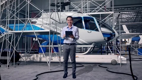 Asian Male Worker Use Tablet And Smile and Inspecting Helicopter Stock Footage 312127655