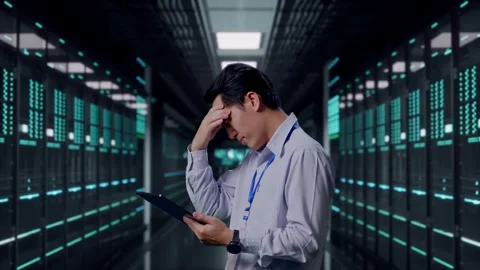 Asian Male Worker Use Tablet And Headache in Data Center Stock Footage 321990596