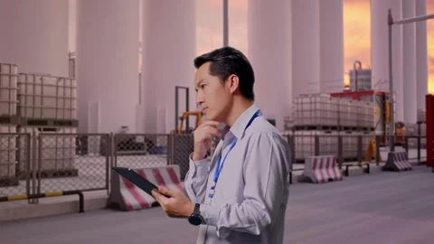 Asian Male Worker Use A Tablet at Storage Facility Stock Footage 337756207