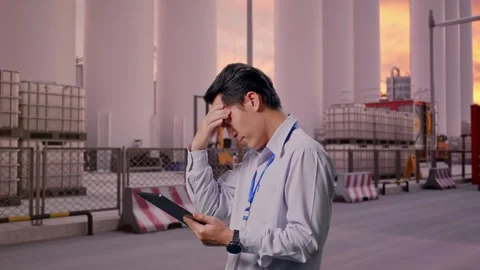 Asian Male Worker Use Tablet And Headache at Storage Facility Stock Footage 337756210