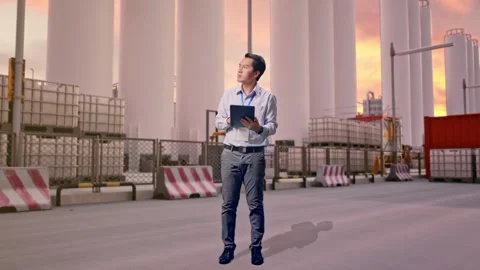 Asian Male Worker Use Tablet And Looking around at Storage Facility Stock Footage 337756323