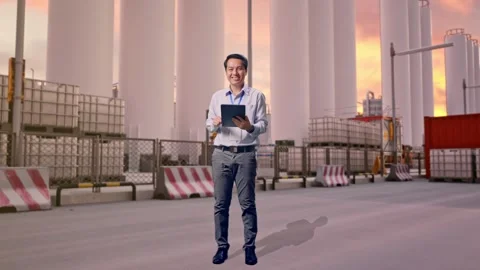 Asian Male Worker Use Tablet And Smile at Storage Facility Stock Footage 337756343