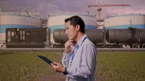 Asian Male Worker Use A Tablet at Oil Refinery Stock Footage 340139586