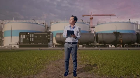 Asian Male Worker Use Tablet And Looking around at Oil Refinery Stock Footage 340139656