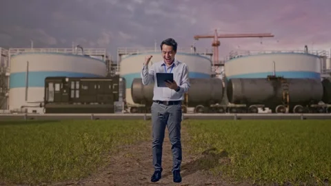 Asian Male Worker Use Tablet And Celebrating at Oil Refinery Stock Footage 340139667