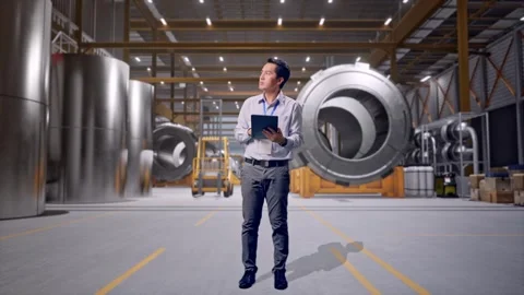 Asian Male Worker Use Tablet And Looking around at Heavy Factory Stock Footage 340815470