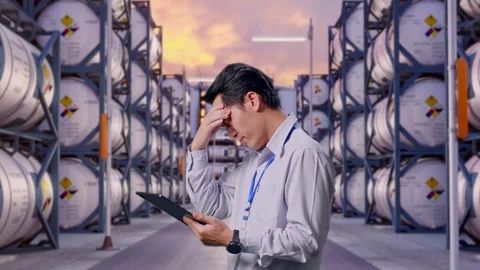 Asian Male Worker Use Tablet And Headache with Chemical Tanks Stock Footage 340832376