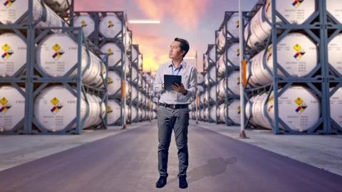 Asian Male Worker Use Tablet And Looking around with Chemical Tanks Stock Footage 340832671
