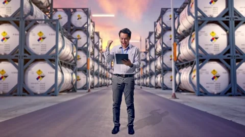 Asian Male Worker Use Tablet And Celebrating with Chemical Tanks Stock Footage 340832713