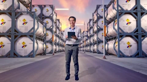 Asian Male Worker Use Tablet And Smile with Chemical Tanks Stock Footage 340832722