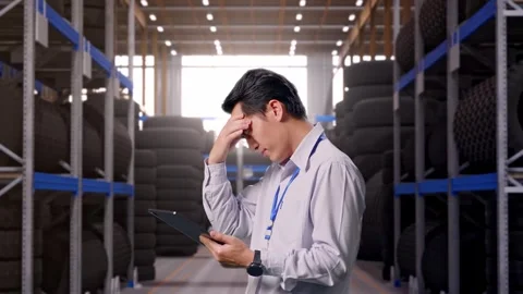 Asian Male Worker Use Tablet And Headache at Tire Warehouse Stock Footage 341786153